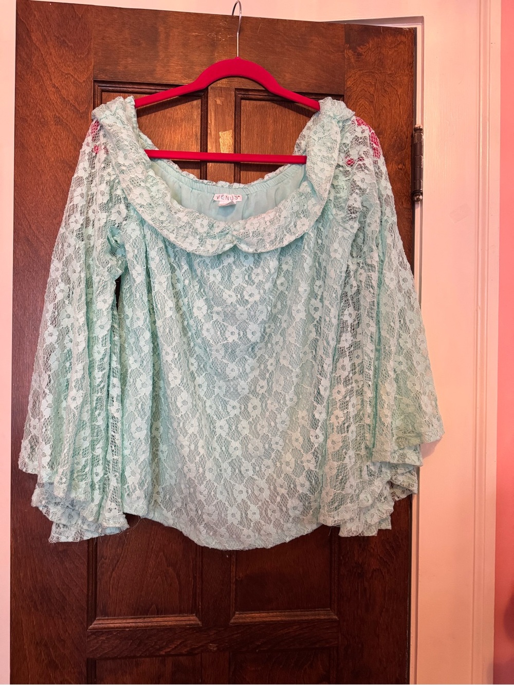 VENUS Mint Lace Bardot Blouse with Ruffled Neckline